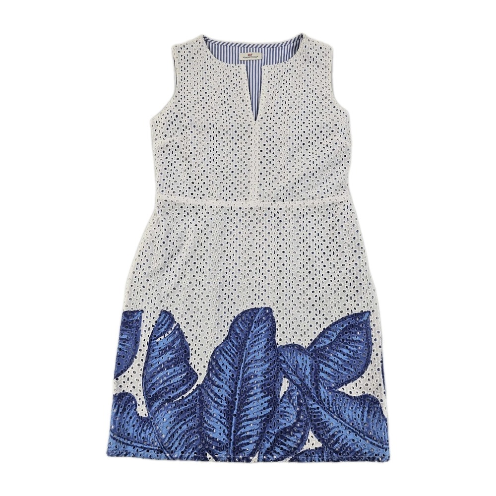 Vineyard Vines Women's Eyelet White Midi Dress Blue Palm Leaf Border Resort Fun